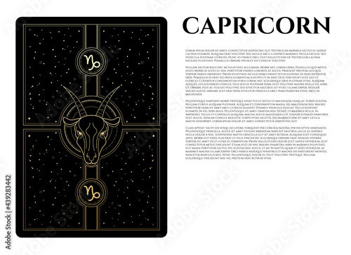 vector illustration of capricorn in gold and black colours and abstractions cosmos