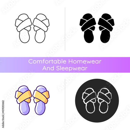 Cross band slippers icon. Footwear for lounging at home. Comfortable shoes. Domestic flip flops. Homeware and sleepwear. Linear black and RGB color styles. Isolated vector illustrations