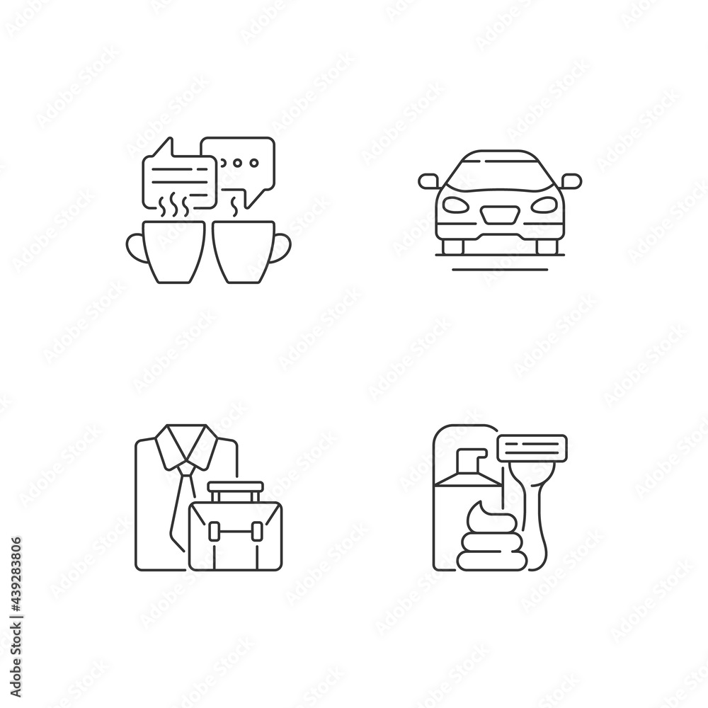 Daily activities linear icons set. Meeting over coffee with friends. Sedan car. Official clothes. Customizable thin line contour symbols. Isolated vector outline illustrations. Editable stroke Daily activities linear icons set. Meeting over coffee with friends. Sedan car. Official clothes. Customizable thin line contour symbols. Isolated vector outline illustrations. Editable stroke