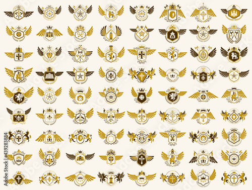 Heraldic Coat of Arms vector big set, vintage antique heraldic badges and awards collection, symbols in classic style design elements, family or business logos.