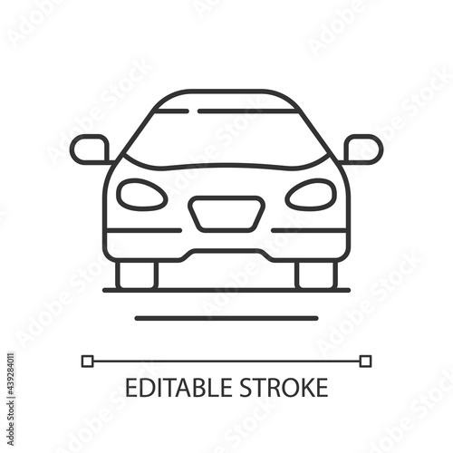 Sedan car linear icon. Fast personal transport. Hybrid auto for family trips. Front of auto. Thin line customizable illustration. Contour symbol. Vector isolated outline drawing. Editable stroke