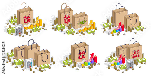 Shop retail sale vector 3D illustrations set isolated on white background, shopping bags with money and other elements, store discount, Black Friday concept, clearance.