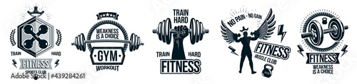 Fitness sport emblems logos or posters with barbells dumbbells kettlebells and muscle man silhouettes vector set, athletic workout active lifestyle theme, sport club or competition awards.