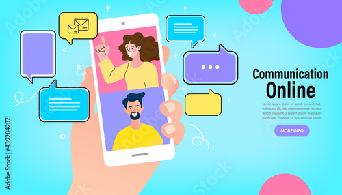 man and woman in video conference with colleagues. Teleconference for work from home concept. Videoconferencing and online meeting workspace.