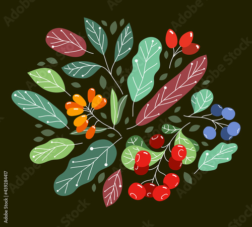 Wild berries fresh and ripe tasty healthy food with leaves vector flat style illustration over dark background, delicious vegetation diet eating, nature gifts.