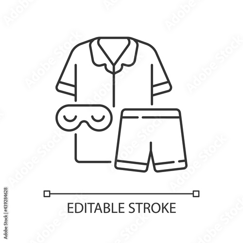 Pajamas linear icon. Unisex pyjamas and eyewear. Pants, shirt for sleep. Clothing for nighttime. Thin line customizable illustration. Contour symbol. Vector isolated outline drawing. Editable stroke