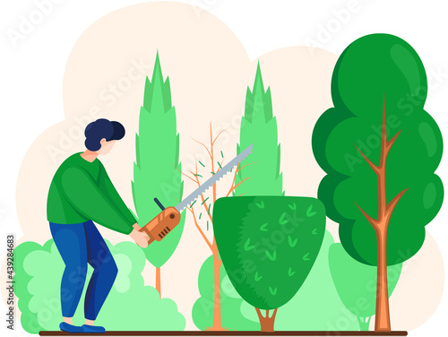Gardener works in garden cartoon worker with saw agricultural worker. Landscaper male character trimming or trimming green tree and shrub with scissors for gardening and landscaping professions design