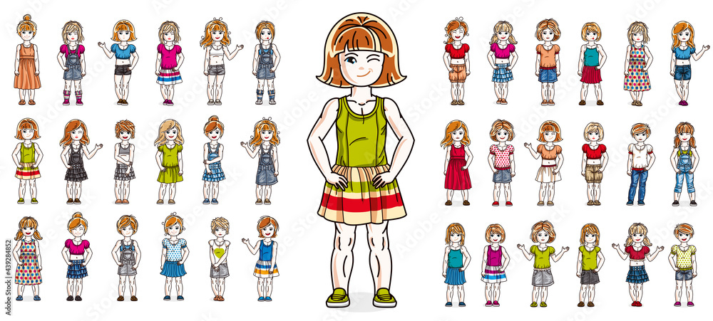 Fototapeta premium Little girls children happy and cute standing in full body length isolated over white vector illustrations big set, beautiful little kids girls diversity big collection of characters drawings.