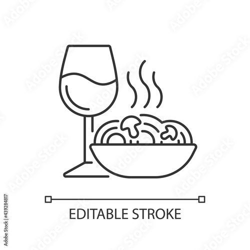 Dinner linear icon. Spaghetti and wine glass. Romantic meal. Restaurant order. Cafe menu. Thin line customizable illustration. Contour symbol. Vector isolated outline drawing. Editable stroke