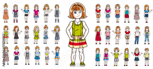 Little girls children happy and cute standing in full body length isolated over white vector illustrations big set  beautiful little kids girls diversity big collection of characters drawings.