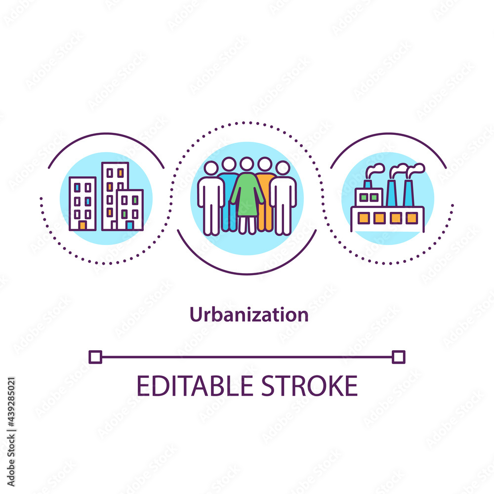Urbanization concept icon. Population migration from rural to urban areas. Society improvement abstract idea thin line illustration. Vector isolated outline color drawing. Editable stroke