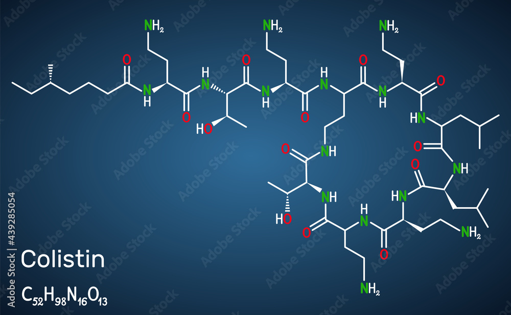 Colistin, polymyxin E molecule. It is cyclic polypeptide antibiotic. Structural chemical formula on the dark blue background Colistin, polymyxin E molecule. It is cyclic polypeptide antibiotic. Structural chemical formula on the dark blue background