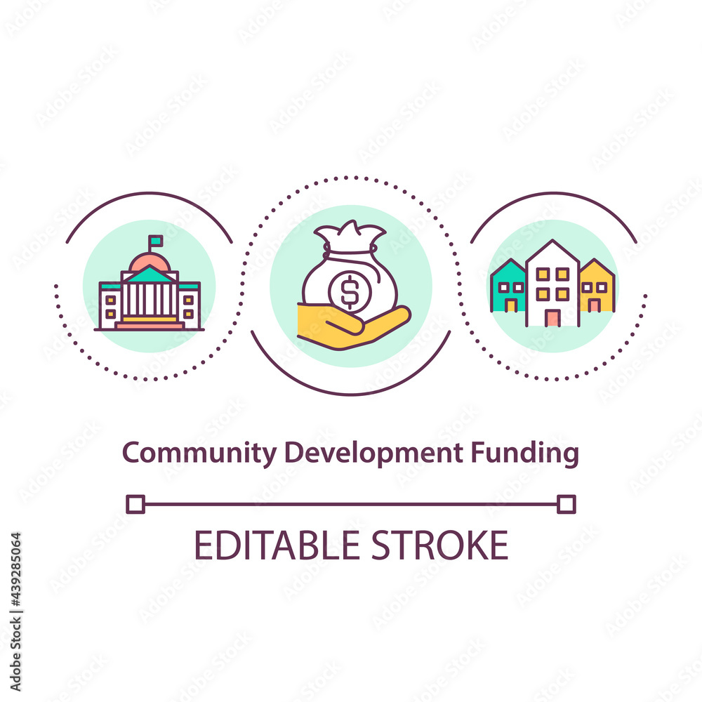 Community development funding concept icon. Money for improving social group. Society upgrading abstract idea thin line illustration. Vector isolated outline color drawing. Editable stroke