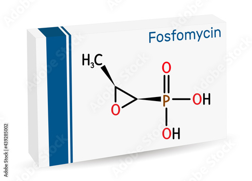 Fosfomycin, phosphomycin, phosphonomycin molecule. It is synthetic antibiotic with antimicrobial, bactericidal properties. Paper packaging for drugs