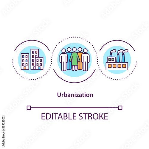 Urbanization concept icon. Population migration from rural to urban areas. Society improvement abstract idea thin line illustration. Vector isolated outline color drawing. Editable stroke