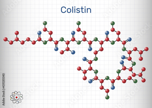 Colistin, polymyxin E molecule. It is cyclic polypeptide antibiotic. Sheet of paper in a cage photo