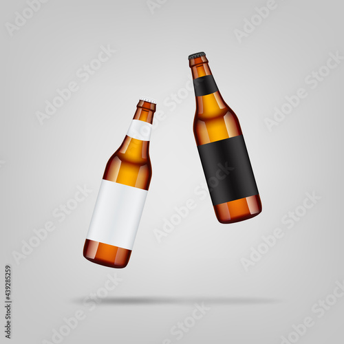 Two bottles with beer on gray background, mock up for design, realistic vector.