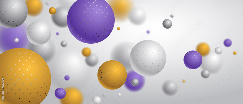 Abstract dotted spheres vector background, composition of flying balls decorated with dots, 3D mixed realistic globes, realistic depth of field effect.
