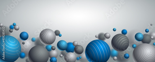 Realistic lined spheres vector illustration with blank copy space, abstract background with beautiful balls with lines and depth of field effect, 3D globes design concept art.