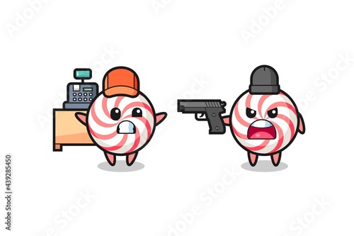 illustration of the cute candy as a cashier is pointed a gun by a robber