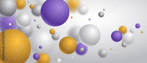 Abstract dotted spheres vector background, composition of flying balls decorated with dots, 3D mixed realistic globes, realistic depth of field effect.