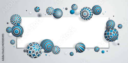 Abstract spheres vector background with blank paper sheet, composition of flying balls decorated with patterns, 3D mixed variety realistic globes with ornaments, depth of field effect.