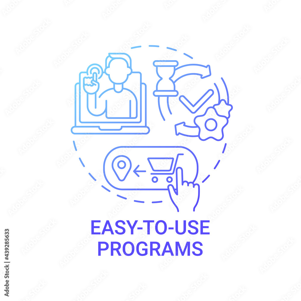 Easy-to-use programs concept icon. Online marketplace benefit abstract idea thin line illustration. Selling goods online. Easy navigation. Creation with no code. Vector isolated outline color drawing Easy-to-use programs concept icon. Online marketplace benefit abstract idea thin line illustration. Selling goods online. Easy navigation. Creation with no code. Vector isolated outline color drawing