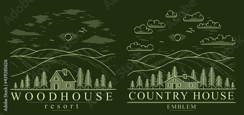 Cabin in grasslands and meadows with pine trees linear vector nature illustration on dark, log cabin cottage for rest, holidays and vacations theme line art drawing, woodhouse resort.