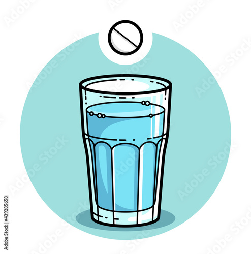 Effervescent pill falling into glass of water vector illustration isolated on white, medicament logo or icon.
