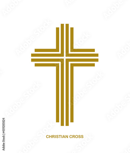 Christian cross modern linear style vector symbol isolated on white, faith and belief contemporary crucifix sign of Jesus Christ stripy graphic design.