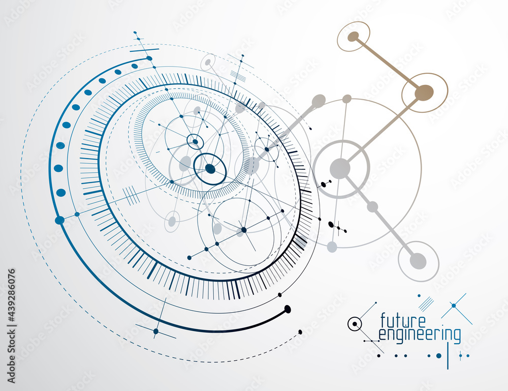 Vector industrial and engineering background, future technical plan. Abstract blueprint of mechanism, mechanical scheme.