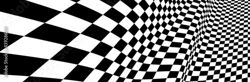 Checker pattern mesh in 3d dimensional perspective vector abstract background, formula 1 race flag texture, black and white checkered illustration.