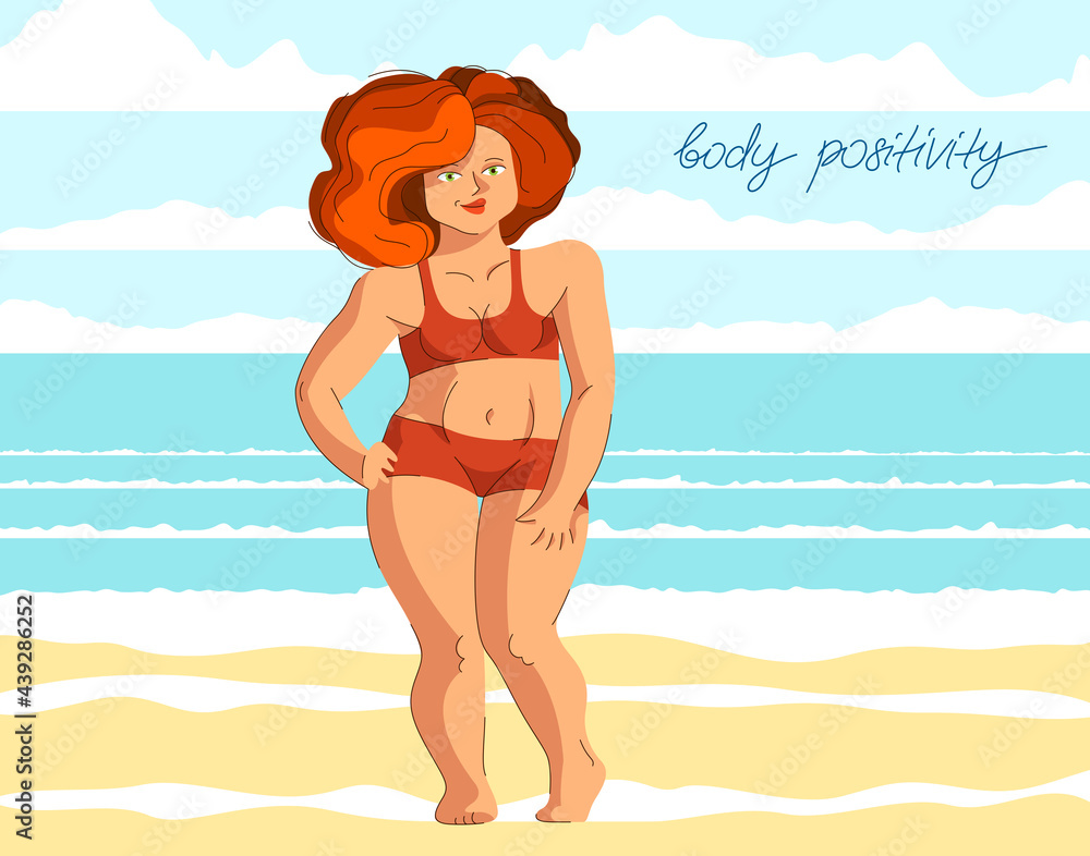 Plus size attractive and sexy woman posing at the beach in front of the sea, vector illustration concept of body positivity health and happiness, love your body idea.