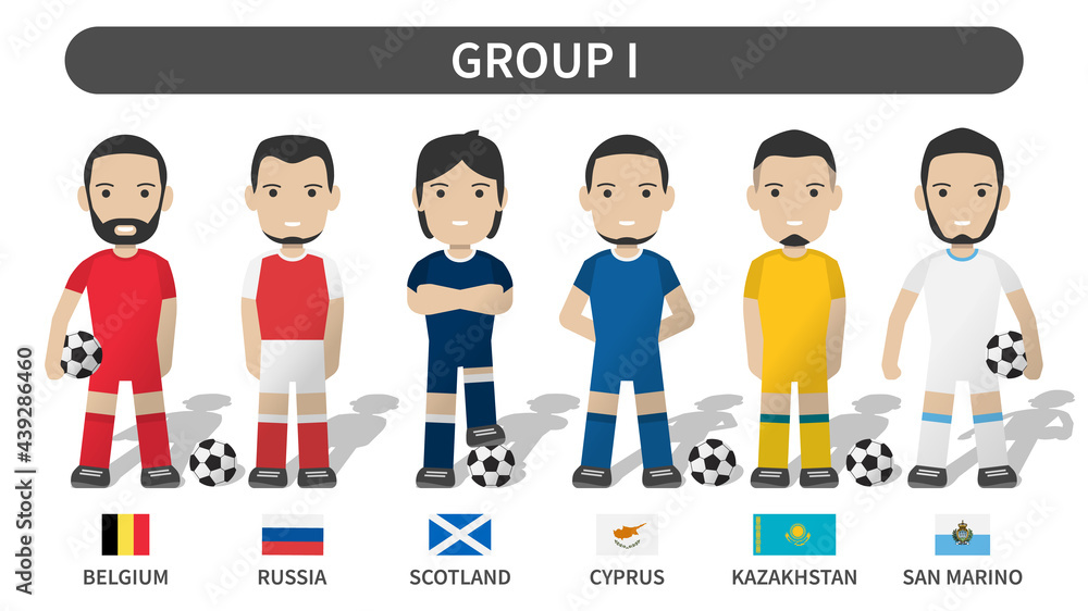 European soccer cup tournament qualifying draws 2020 and 2021 . Group I . Football player with jersey kit uniform and national flag . Cartoon character flat design . White theme background . Vector . European soccer cup tournament qualifying draws 2020 and 2021 . Group I . Football player with jersey kit uniform and national flag . Cartoon character flat design . White theme background . Vector .