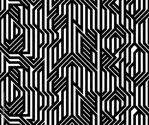 Tech style seamless linear pattern vector, monochrome circuit board lines endless background wallpaper image, black and white geometric design techno micro picture.