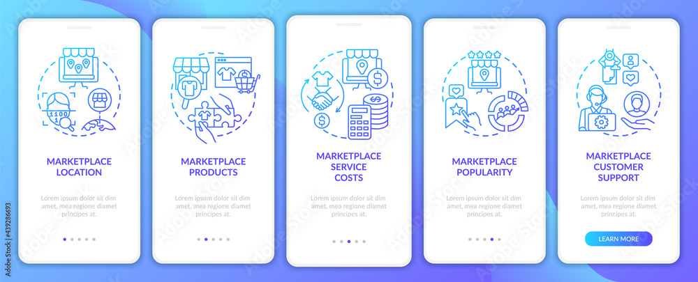 Retail place choice process onboarding mobile app page screen. Customer support walkthrough 5 steps graphic instructions with concepts. UI, UX, GUI vector template with linear color illustrations