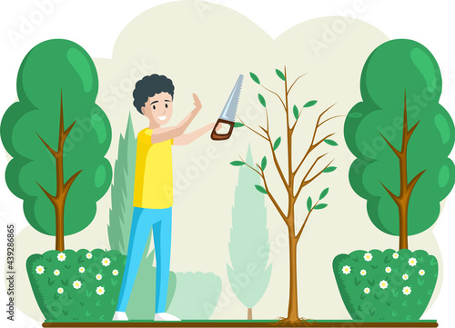 Gardener cuts a tree. Pruning bushes and garden maintenance. Man cuts branches on landscape design background. Guy sawing plant with hand saw. Professional garden worker working in spring in backyard
