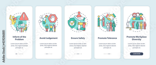 Racism at work onboarding mobile app page screen. Avoid judgment, ensure safety walkthrough 5 steps graphic instructions with concepts. UI, UX, GUI vector template with linear color illustrations