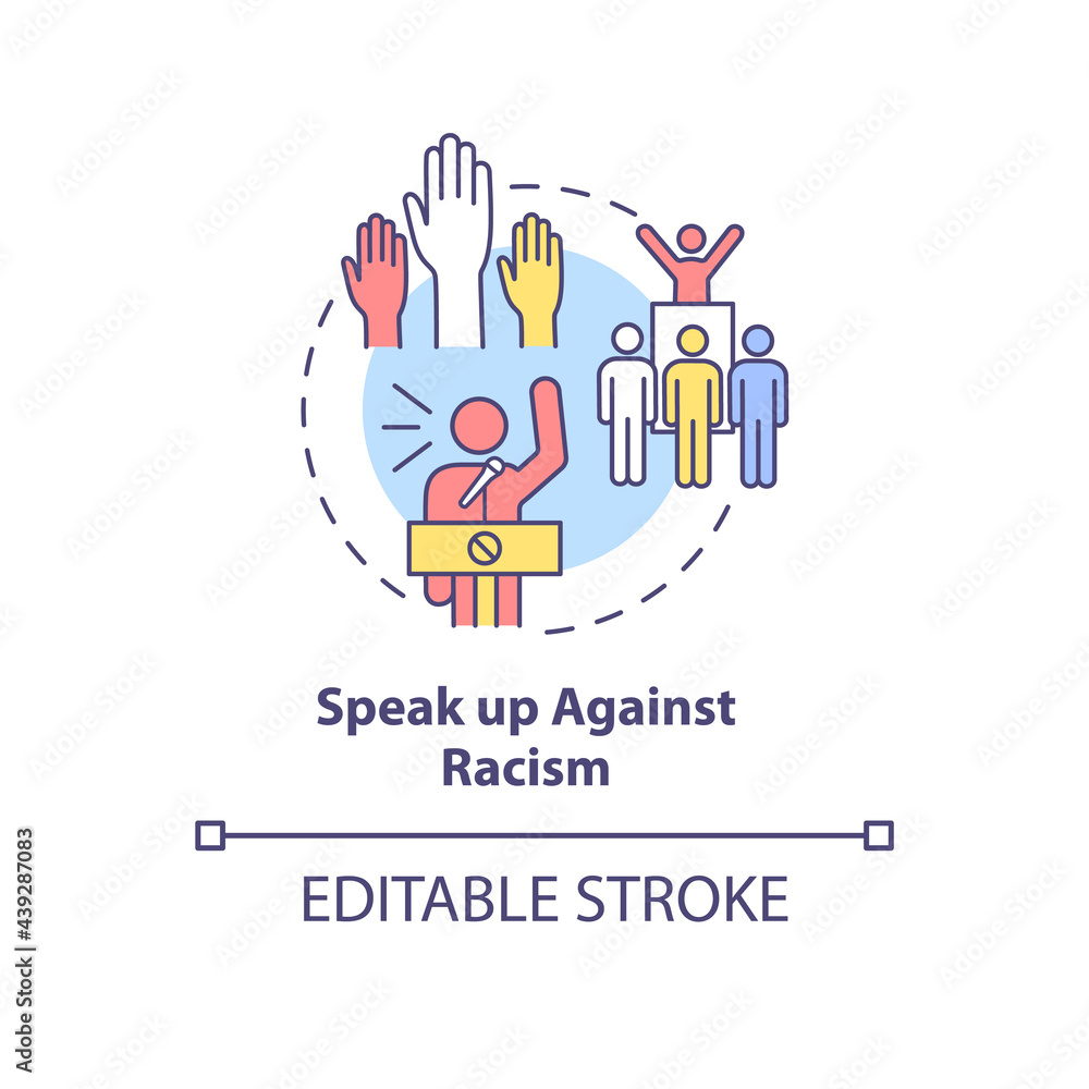 Naklejka premium Speak up against racism concept icon. Fighting racial discrimination abstract idea thin line illustration. Taking action against inequality. Vector isolated outline color drawing. Editable stroke