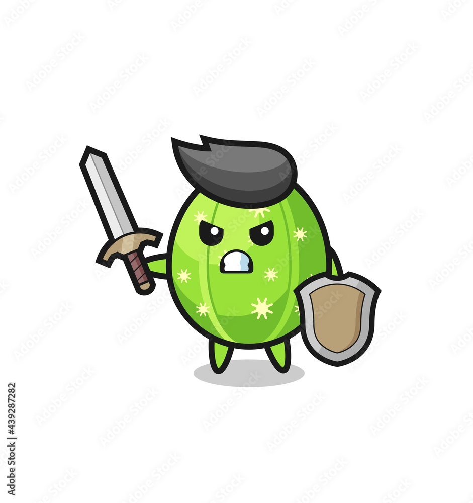 cute cactus soldier fighting with sword and shield