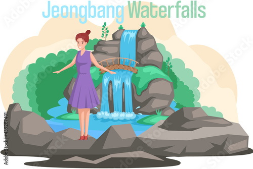 Jeongbang Waterfall famous landmark of Jeju Island in south Korea. Popular place for visiting female traveler standing on big stone, jeju green tropical island with water travel. Traditional showplace