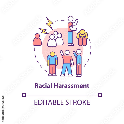 Racial harassment concept icon. Racism in social situation abstract idea thin line illustration. Racist intimidating behaviour. Vector isolated outline color drawing. Editable stroke