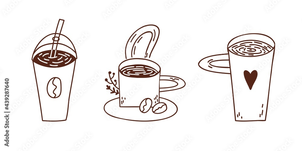 Set of coffee vector illustrations in different container. dark hand drawn line doodle style. isolated on white background
