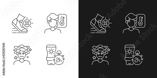 Heatstroke prevention linear icons set for dark and light mode. Avoid exercising during summer heatwave. Customizable thin line symbols. Isolated vector outline illustrations. Editable stroke