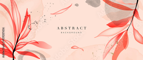 Minimal floral background vector. Abstract art wallpaper design with tropical leaves and watercolor background texture. Botanical banner design template for text. 
