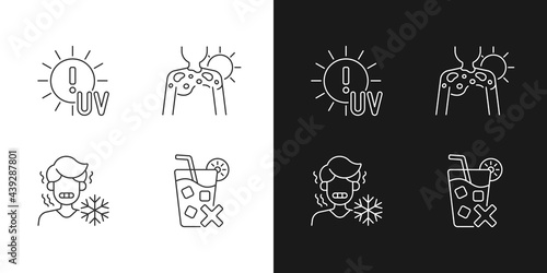 Sunburn risk linear icons set for dark and light mode. UV rays exposure risk. Chills from heatstroke. Customizable thin line symbols. Isolated vector outline illustrations. Editable stroke