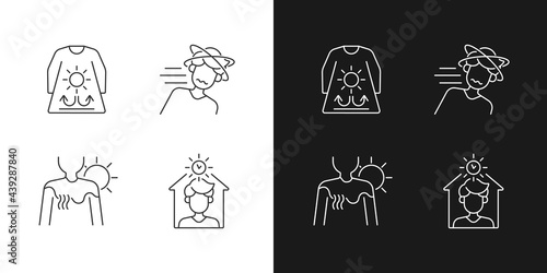 Sunstroke risk during summer linear icons set for dark and light mode. Long sleeves and loose clothing. Customizable thin line symbols. Isolated vector outline illustrations. Editable stroke