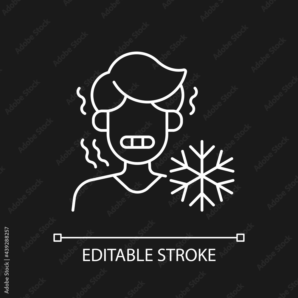 Chills white linear icon for dark theme. Man shiver from cold. Person in cool weather. Thin line customizable illustration. Isolated vector contour symbol for night mode. Editable stroke Chills white linear icon for dark theme. Man shiver from cold. Person in cool weather. Thin line customizable illustration. Isolated vector contour symbol for night mode. Editable stroke