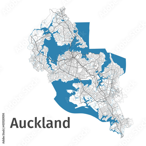 Auckland map. Detailed map of Auckland city administrative area. Cityscape panorama.