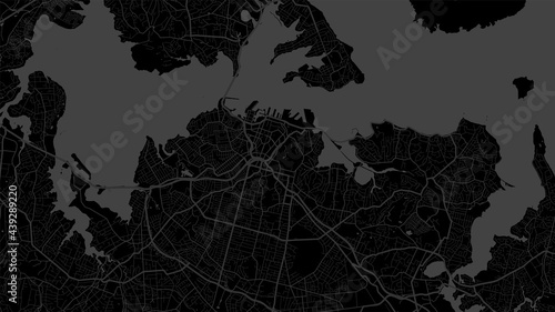 Black and grey Auckland city area vector background map, streets and water cartography illustration.